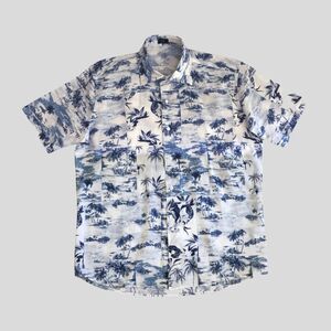 Peter Millar Blue White Palm Tree Beach 100% Cotton Short Sleeve Mens Shirt - M
